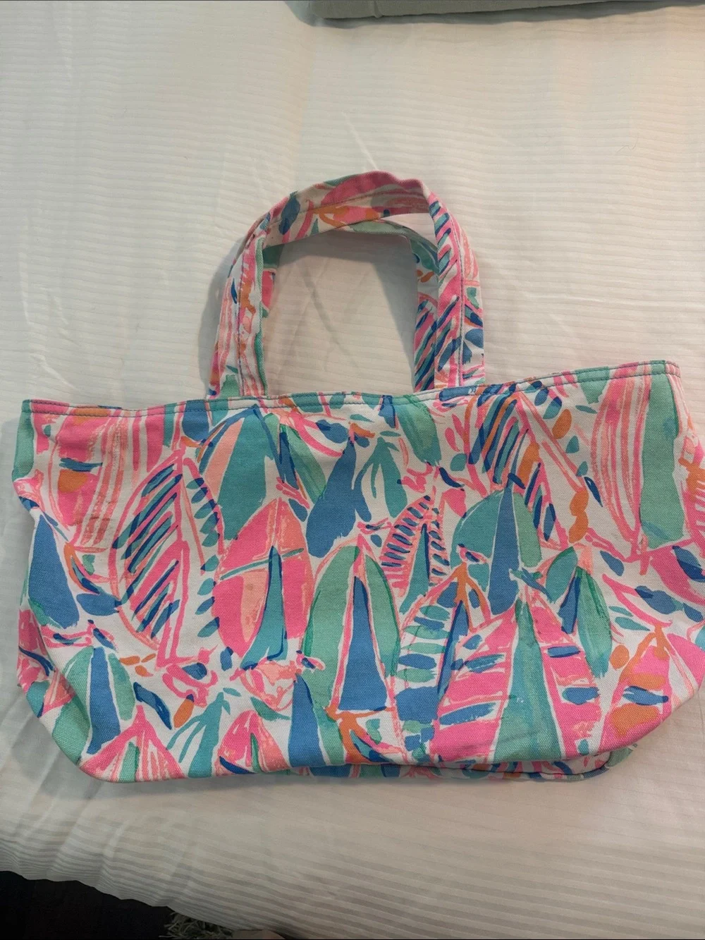 Lilly Pulitzer Canvas Tote in Pink, Teal & Coral Leaf Print